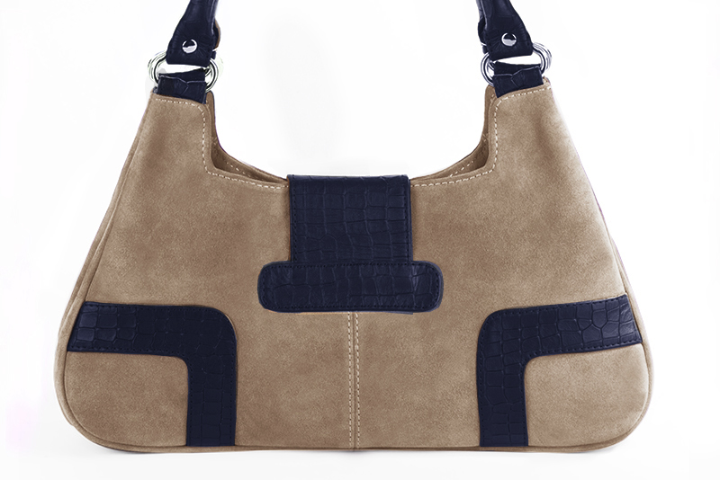 Dress handbag in tan beige and navy blue leather - Rear view